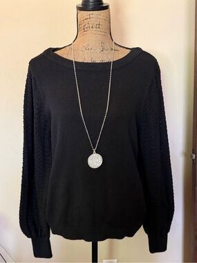 Charter Club Black Crewneck Sweater with Textured Balloon Sleeves
